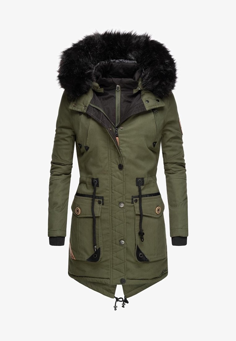 Parka d'hiver long vert avec capuche doublée de fourrure noire, fermeture éclair et fermeture à boutons devant, cordons de serrage et quatre poches à rabat.