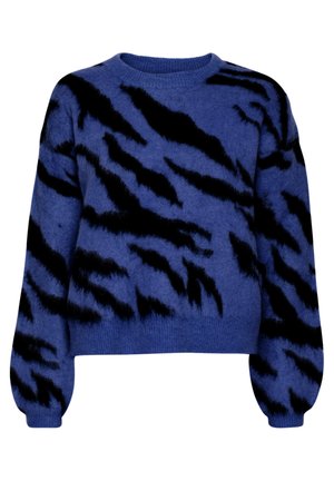Blauer Pullover mit schwarz gestreiftem Tiger-Muster, runder Halslinie und ausgestellten Ärmeln. Weicher Stoff und kurzes Design.