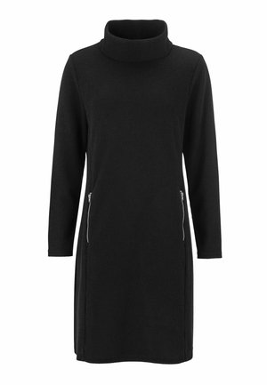 Schwarzes, geripptes Kleid mit hohem Kragen, langen Ärmeln und zwei seitlichen Reißverschlusstaschen. Hergestellt aus strukturiertem Stoff mit geradem Schnitt.