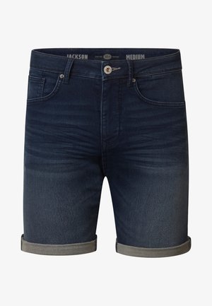 Dunkelblaue Jeans-Shorts mit aufgerolltem Saum, klassischem Fünf-Taschen-Design und einer Metallknopf-Verschluss, versehen mit einem Markenetikett.