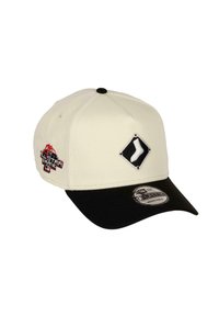 Adjustable baseball cap in cream with a black brim. Features a black diamond patch with a white logo and a red embroidered badge on the side.