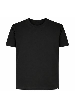 T-shirt nera semplice a maniche corte con scollo rotondo e vestibilità regolare, mostrata su sfondo bianco.