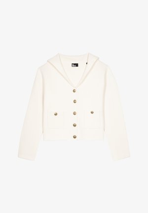 Cardigan bianco accorciato con cappuccio, dotato di bottoni dorati e due tasche anteriori. Realizzato in tessuto texturizzato.