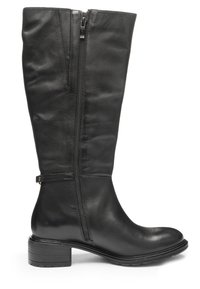 Black mid-calf leather boot with side zipper, low stacked heel, and small decorative strap near the ankle.