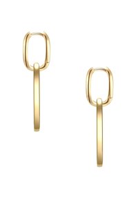 Zlate obročaste uhane z elongated obliko, ki imajo gladko, polirano teksturo in značilen kvadratni vrhnji dodatek.