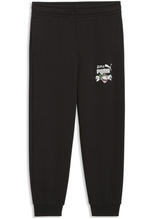 Czarne spodnie dresowe z elastycznym pasem i ściągaczami, z kolorowym logo „Super Puma” oraz grafiką pumy i czaszki na lewym udzie.