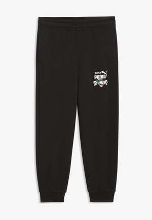 Musta jogger-housut joustavalla vyötärönauhalla ja resoreilla, joissa värikäs "Super Puma" -logo, jonka vasemmassa reisiosassa on puma- ja kallokuvioita.