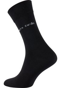 Black cotton sock with a ribbed top band and smooth texture, featuring white text "Pierre Cardin" near the ankle.
