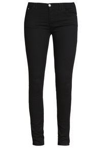 Černé skinny džíny vyrobené z denimu, s klasickým pětipocket designem, zapínáním na knoflík vpředu a hladkým, elastickým materiálem.