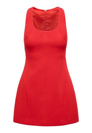 Ermeløs rød minikjole med firkantet halsutringning og glidelås bak, skreddersydd passform med liten flared kant nederst.