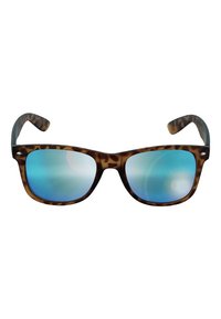Ochelari de soare cu model țestoasă și lentile cu oglindă albastră. Design cu cadru pătrat și brațe curbate pentru o potrivire sigură.