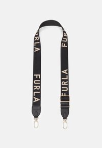 Sort vævet rem med cremefarvet "FURLA"-logo, læderdetaljer, guldfarvede beslag og clips i begge ender til fastgørelse.