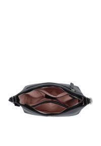 Borsa a tracolla nera in pelle con chiusura a zip, dotata di due scomparti interni foderati in tessuto rosa e dettagli in metallo color argento.
