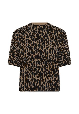 Brauner Pullover mit kurzen Ärmeln, schwarzem unregelmäßigem Leopardenmuster und Rundhalsausschnitt.