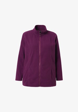 Long-sleeve, zip-up fleece jacket in deep purple with high collar and side seam detailing, shown on white background.