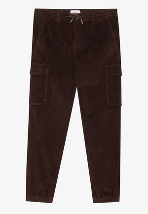 Pantalones cargo de pana marrón con cintura elástica, cordón, dos bolsillos laterales y dos grandes bolsillos cargo en los muslos.