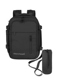 Schwarzer Nylon-Rucksack mit mehreren Fächern, Reißverschlüssen und verstellbaren Gurten. Inklusive einem abnehmbaren zylindrischen Beutel mit Kordelzugverschluss.