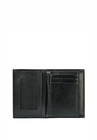 Czarny skórzany portfel o gładkiej fakturze, z miejscem na kartę, oknem na identyfikator oraz otwartą przestrzenią do organizacji gotówki lub dodatkowych kart.