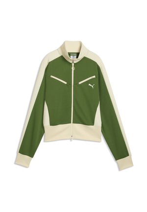 Groene en beige lange mouwen jas met rits, hoge kraag, ritssluitingzakken aan de voorkant en Puma-logo op de borst.