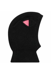 Schwarze Strick-Balaclava mit einem rosa dreieckigen Akzent auf einer Seite, mit strukturierter Oberfläche und eng anliegendem Design.