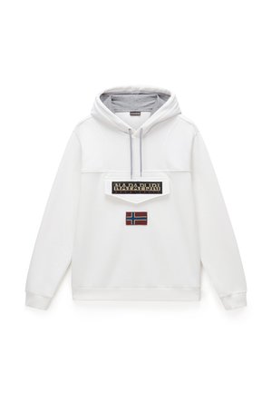 Witte capuchontrui met voorzak met Napapijri-logo en Noorse vlagpatch, grijze capuchonvoering en trekkoorden.