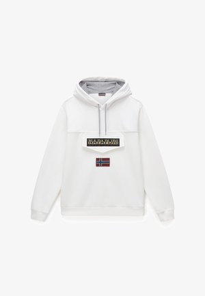 Weißes Kapuzensweatshirt mit Fronttasche, Napapijri-Logo und norwegischem Flaggenpatch, grauem Kapuzenfutter und Kordeln.
