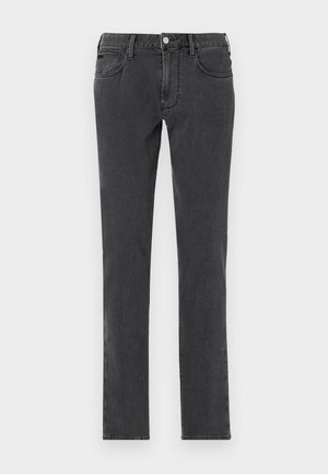 Schwarze Jeans aus Denim mit geradem Bein, ausgestattet mit Fronttaschen, einem Knopfverschluss und einem weichen, leicht strukturierten Finish.