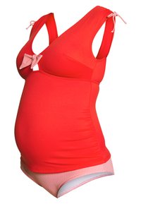 Maillot de bain de maternité rouge avec un design à col en V, accent nœud sur la poitrine et panneau inférieur rayé. Comprend des bretelles réglables.