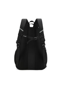 Sac à dos noir avec un panneau arrière en maille, des bretelles rembourrées et réglables, des accents réfléchissants et plusieurs compartiments de rangement.