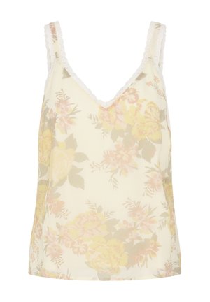 Kremasta cvjetna majica bez rukava s naramenicama ukrašenim čipkom i V-izrezom, s uzorkom mekih žutih i ružičastih cvjetova.