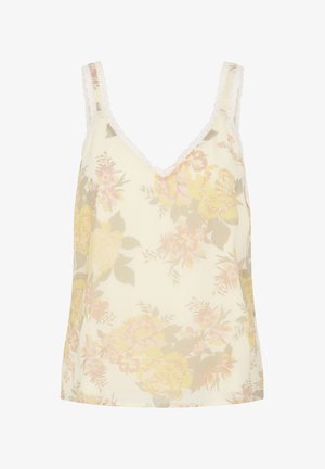 Cream sleeveless floral camisole with lace-trimmed straps and a V-neckline, featuring soft yellow and pink flower patterns.