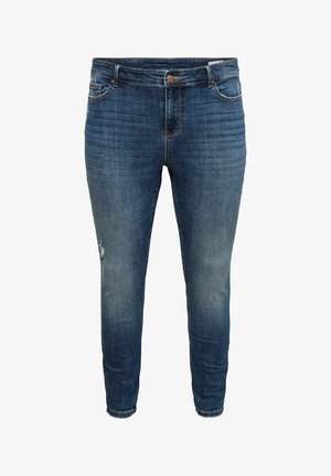 Blaue, schmal geschnittene Jeans aus Denim mit leichter Ausbleichung und einem kleinen, distressed Fleck am linken Oberschenkel, ausgestattet mit Fronttaschen und Knopfverschluss.