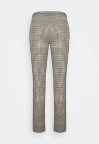 Kárované kalhoty v černých, bílých a hnědých tónech. Slim fit design s kapsami vzadu a hladkým pasem. Jemná textura a strukturovaný tvar.