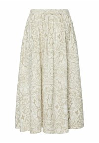 Beige skjørt med et teksturert, svungent mønster. Har strikk i livet og et løst, flytende design som når midt på leggen.