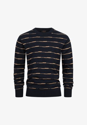 Mørkeblå sweater med vandrette beige striber, rund halsudskæring, ribbede manchetter og kant, lavet af blødt strikket materiale.