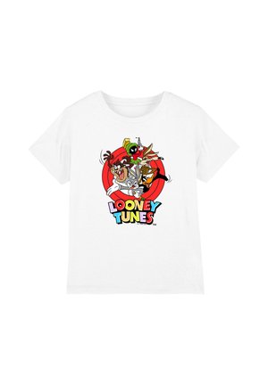 White t-shirt with colorful Looney Tunes characters Bugs Bunny, Taz, Marvin the Martian, Wile E. Coyote, and Daffy Duck over a red target logo.