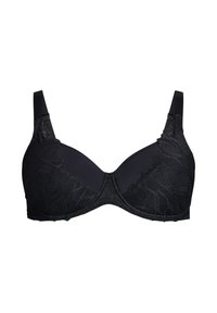 Reggiseno nero con un sovrapposto in pizzo sulle coppe, sottoveste liscia, spalline regolabili e un bordo decorativo a scanalature.