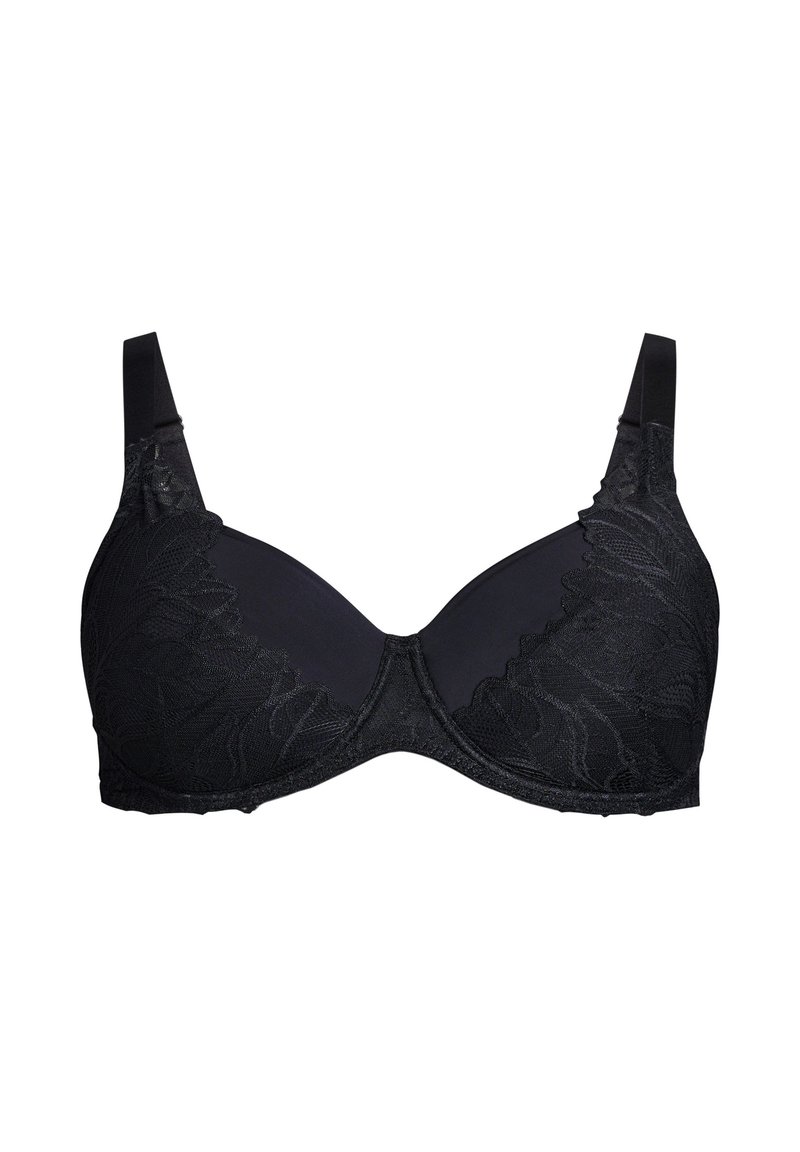 Reggiseno nero con un sovrapposto in pizzo sulle coppe, sottoveste liscia, spalline regolabili e un bordo decorativo a scanalature.