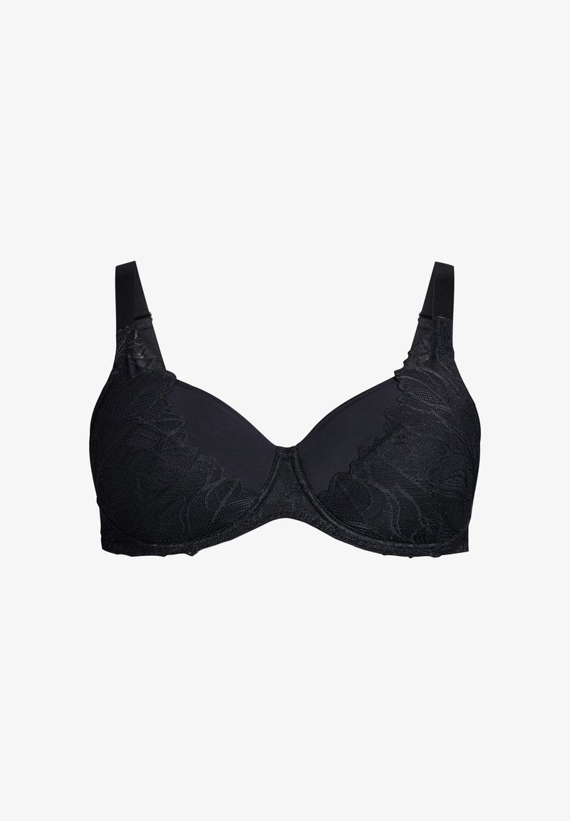 Reggiseno nero con un sovrapposto in pizzo sulle coppe, sottoveste liscia, spalline regolabili e un bordo decorativo a scanalature.
