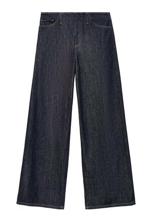 Wide-leg jeans in dark indigo denim, featuring a high waist, five-pocket design, and contrasting stitching along the seams.