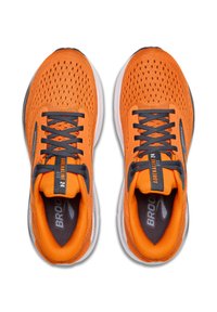 Oranžas sporta apavus ar elpojošu sieta augšdaļu, pelēkām shoelaces, polsterētu apkakli un baltu starpdobumu. Iespējas zīmola logo uz mēles un sāniem.