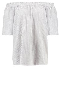 Trendiges Off-Shoulder-Top aus weichem, leichtem Stoff mit vertikalen grauen und weißen Streifen, elastischem Ausschnitt und kurzen Ärmeln.