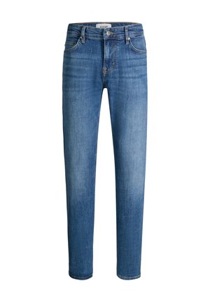 Blaue Slim-Fit-Jeans mit Verblassungsdetails, Knopfverschluss, Gürtelschlaufen und Vordertaschen.