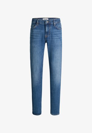 Blaue Slim-Fit-Jeans mit Verblassungsdetails, Knopfverschluss, Gürtelschlaufen und Vordertaschen.