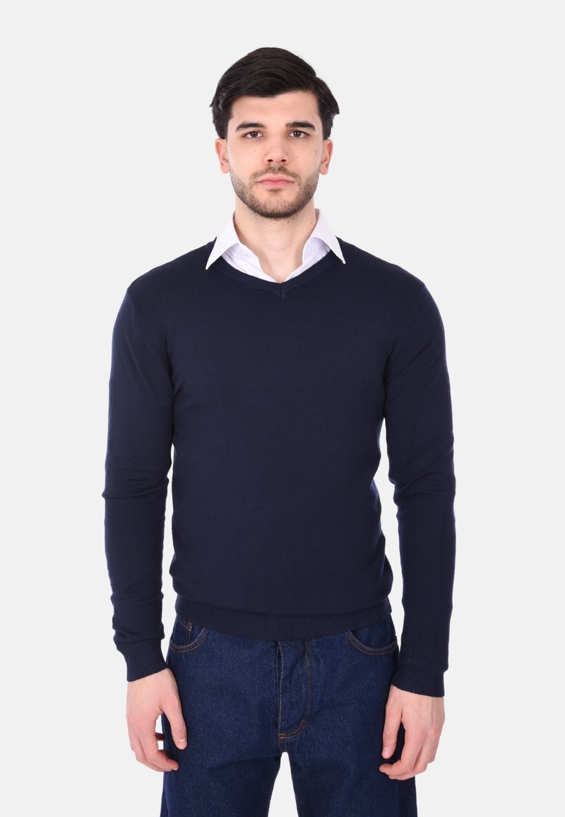 Maglione navy a scollo a V realizzato in materiale lavorato a maglia, con maniche lunghe e polsini a coste. Indossato sopra una camicia bianca con colletto, dalla texture liscia.