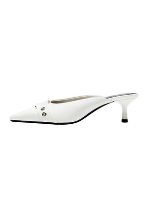 White pointed-toe slingback shoe with a low heel, smooth texture, and a decorative strap featuring silver hardware accents.