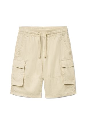 Pantaloncini cargo beige con vita elastica, coulisse frontale, due tasche laterali e due grandi tasche cargo con patta su ogni gamba.