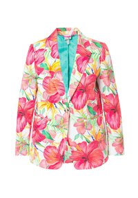 Blumenblazer mit großen pinken Hibiskusblüten und grünen Blättern auf weißem Hintergrund. Verfügt über ein türkisfarbenes Futter und zwei Vorderentaschen.