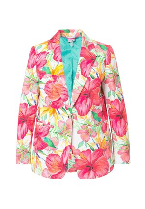 Bloemige blazer met grote roze hibiscus en groene bladeren op een witte achtergrond. Beschikt over een turquoise voering en twee voorzakken.