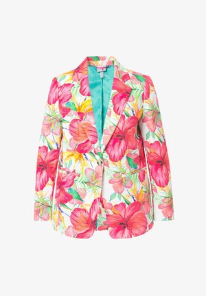 Kwiatowa marynarka z dużymi różowymi hibiskusami i zielonymi liśćmi na białym tle. Posiada turkusową podszewkę i dwie kieszenie z przodu.